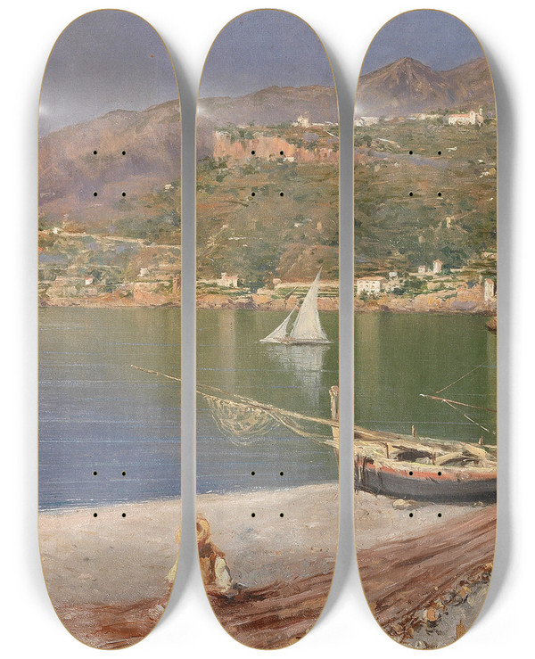 Triptych art skateboard deck of Pietro Scoppetta Fixing The Nets Maiori by Pietro Scoppetta (1863-1920)