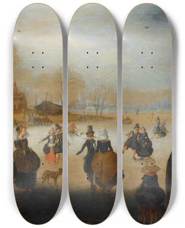 Triptych art skateboard deck of Adam Van Breen Winter Landscape With Skaters by Adam Van Breen (1585-1642)