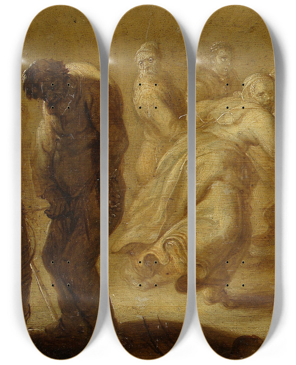 Triptych art skateboard deck of Adriaen Van De Venne Enough Is Enough Proverb Illustation by Adriaen van de Venne (1589-1662)