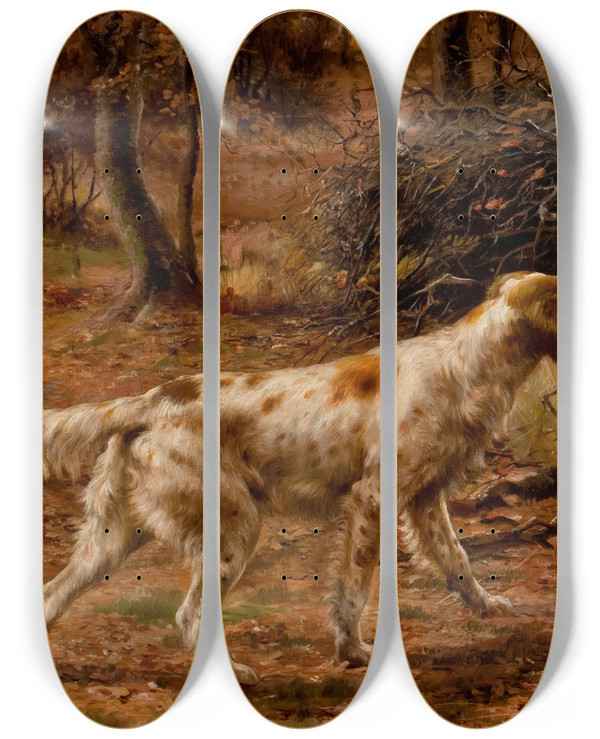 Triptych art skateboard deck of Edmund Henry Osthaus Two Setters On Point by Edmund Henry Osthaus (1858-1928)
