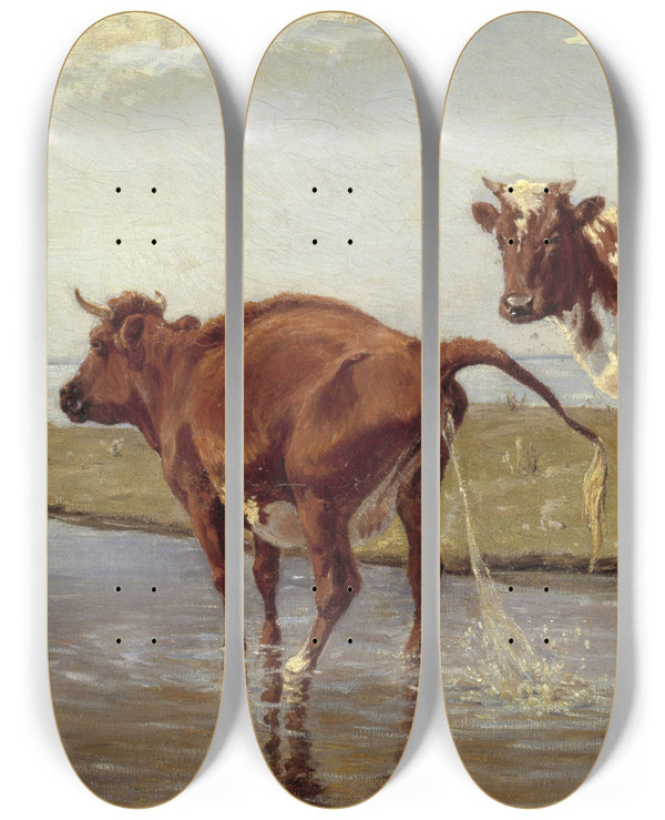 Triptych art skateboard deck of Theodor Philipsen Cows On Saltholm by Theodor Philipsen (1840-1920)