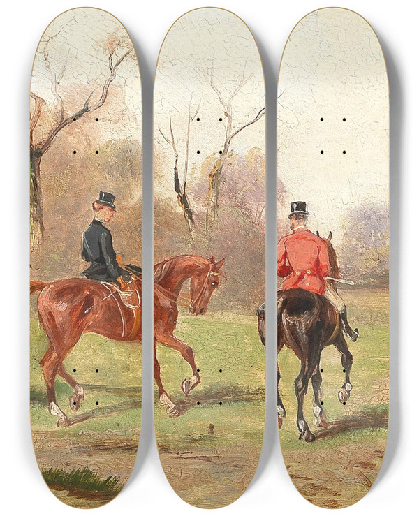 Triptych art skateboard deck of Alfred Steinacker Fox Hunt_1 by Alfred Steinacker (1838-1914)