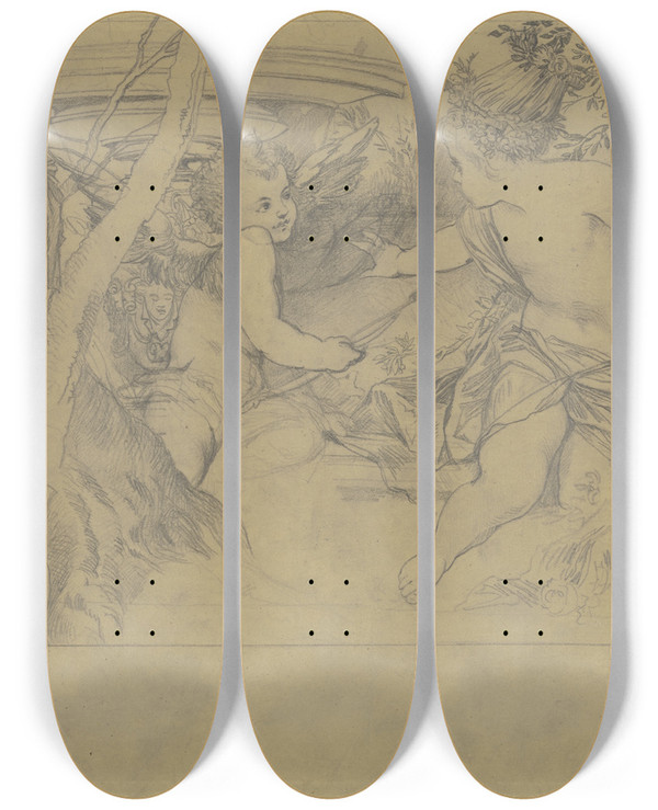 Triptych art skateboard deck of Hans Makart Cupids And Cupid by Hans Makart (1840-1884)