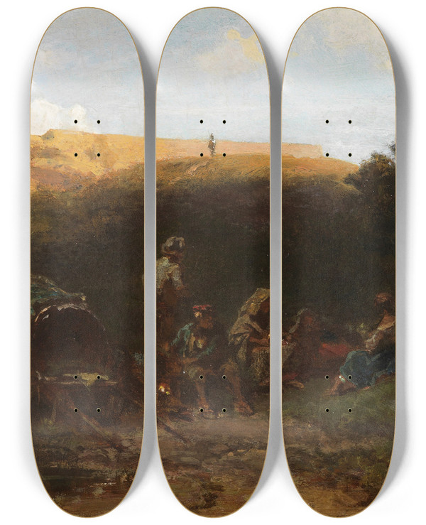 Triptych art skateboard deck of Carl Spitzweg Lagernde Karrner Rast Der Streuner by Carl Spitzweg (1808-1880)