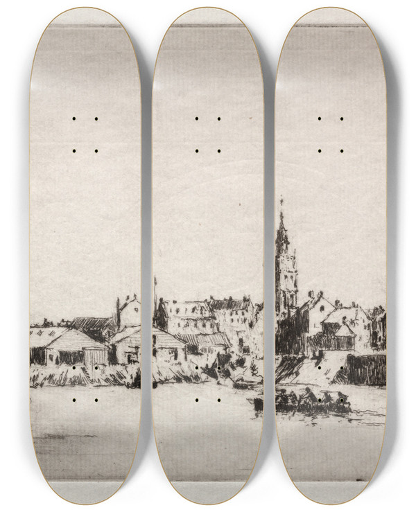 Triptych art skateboard deck of Arthur John Trevor Briscoe Dunkerque by Arthur John Trevor Briscoe (1873-1943)