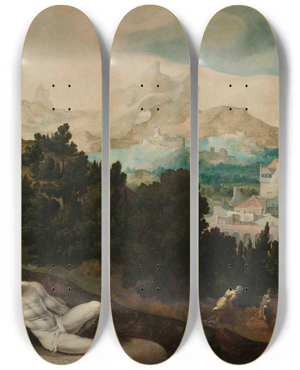 Triptych art skateboard deck of Jan Van Scorel Landscape With Bathsheba by Jan Van Scorel (1495-1562)