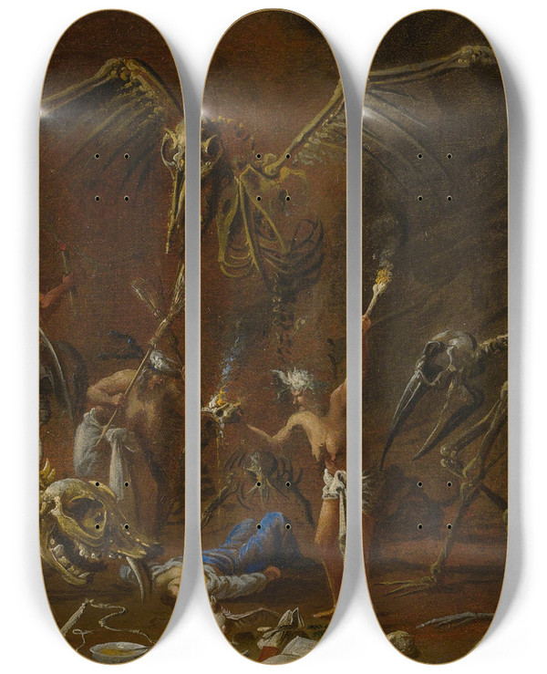 Triptych art skateboard deck of Follower Of Salvator Rosa Witchcraft Scene by Follower Of Salvator Rosa (1615-1673)