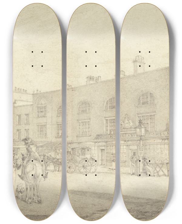 Triptych art skateboard deck of Robert Bremmel Schnebbelie The Strand With Astleys Theatre by Robert Bremmel Schnebbelie (1781-1847)