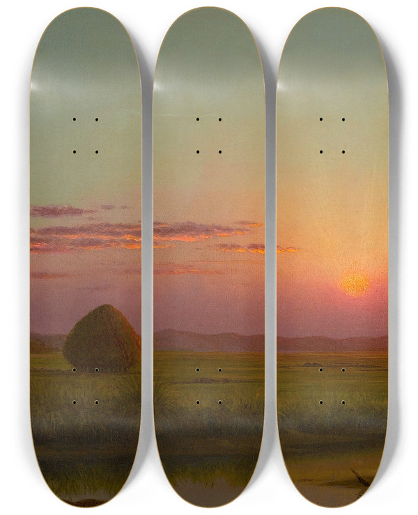 Triptych art skateboard deck of Martin Johnson Heade Sunset Over The Marsh by Martin Johnson Heade (1819-1904)