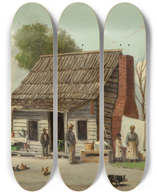 Triptych art skateboard deck of William Aiken Walker Cabin Scene_1 by William Aiken Walker (1838-1921)