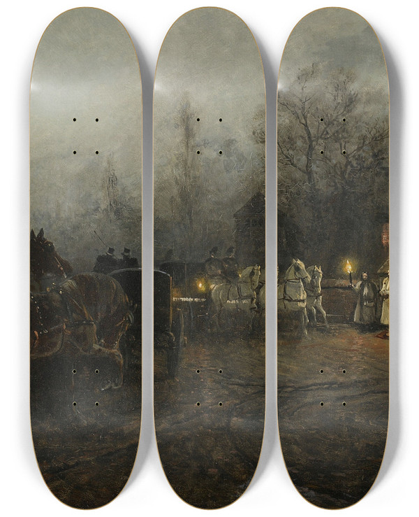 Triptych art skateboard deck of Antoni Piotrowski Wedding In The Evening by Antoni Piotrowski (1853-1924)