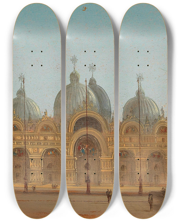Triptych art skateboard deck of August Von Siegen Venice St Marks Square And St Marks Basilica by August Von Siegen (1850-1910)