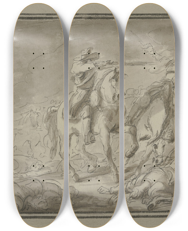 Triptych art skateboard deck of Charles Cozette Cavalery Battle by Charles Cozette