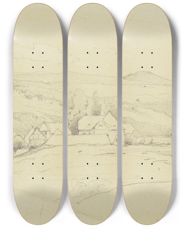 Triptych art skateboard deck of Jakob Becker Gehft In Einer Hgellandschaft by Jakob Becker (1810-1872)