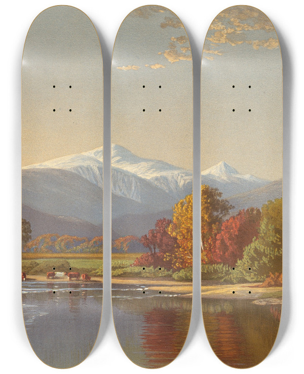 Triptych art skateboard deck of Alfred Thompson Bricher Late Autumn In The White Mountains by Alfred Thompson Bricher (1837-1908)