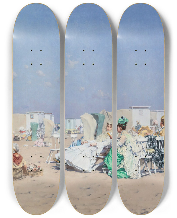 Triptych art skateboard deck of Frederik Hendrik Kaemmerer Beach At Scheveningen Holland by Frederik Hendrik Kaemmerer (1839-1902)