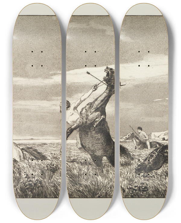 Triptych art skateboard deck of Max Klinger Verfolgter Centaur Intermezzi Opus Iv Blatt 3 by Max Klinger (1857-1920)