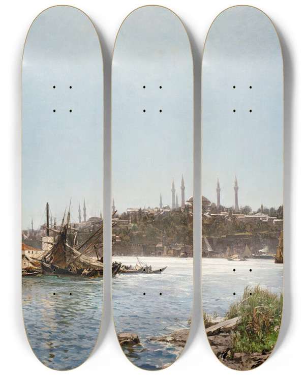 Triptych art skateboard deck of Carl Saltzmann Leanders Tower And The Old City Beyond Constantinople by Carl Saltzmann (1847-1923)