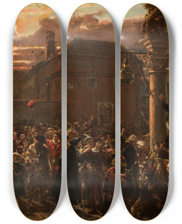 Triptych art skateboard deck of Jan Matejko Students Leaving Krakow In 1549 by Jan Matejko (1838-1893)