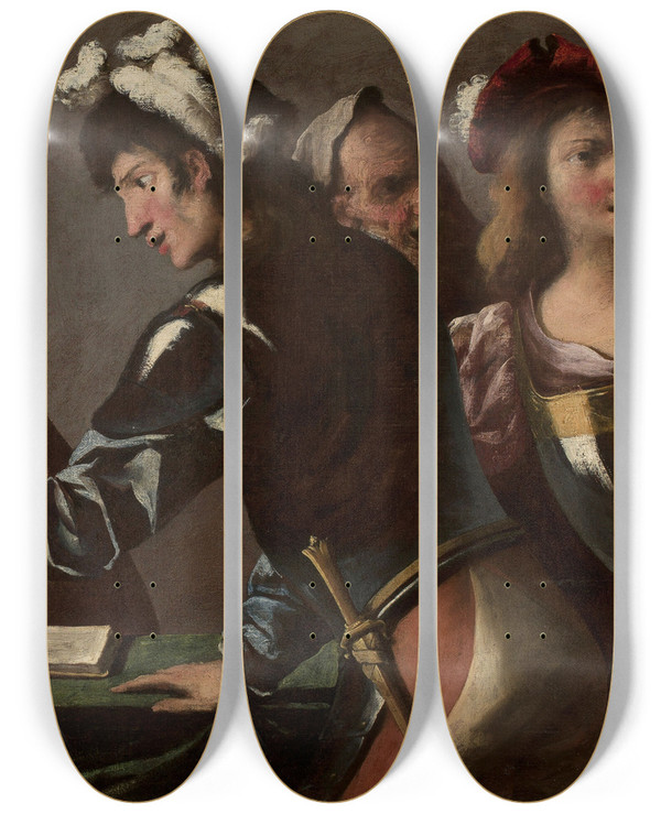 Triptych art skateboard deck of Pietro Della Vecchia Chiromancer by Pietro della Vecchia (1602-1678)
