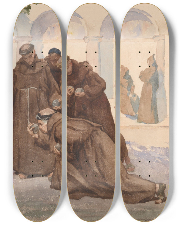 Triptych art skateboard deck of Charles Hermans Monks Playing Ballgames by Charles Hermans (1839-1924)
