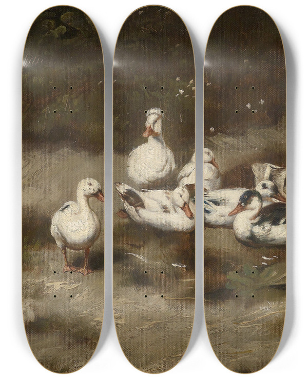 Triptych art skateboard deck of Geza Vastagh Enten Am Bachufer by Geza Vastagh (1866-1919)