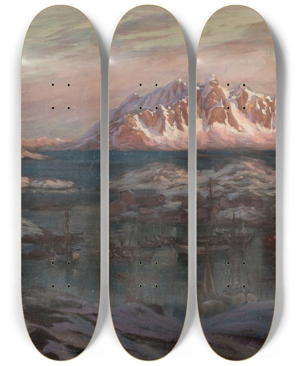 Triptych art skateboard deck of Anna Boberg Fishing Harbour With Sunlit Mountains Study From North Norway by Anna Boberg (1864-1935)