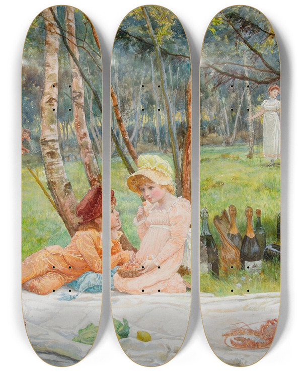 Triptych art skateboard deck of Alice Mary Havers Study For The First Arrivals by Alice Mary Havers