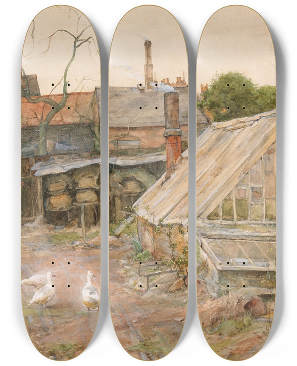 Triptych art skateboard deck of Claude Hayes The Loiterers by Claude Hayes