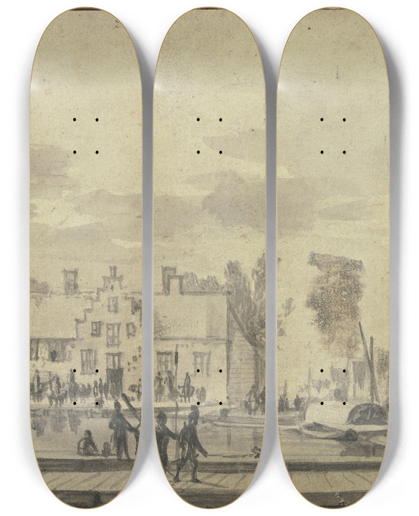 Triptych art skateboard deck of Roelant Roghman Fliegende Brcke Zur Berfahrt Der Am Ufer Wartenden Truppen by Roelant Roghman (1627-1692)