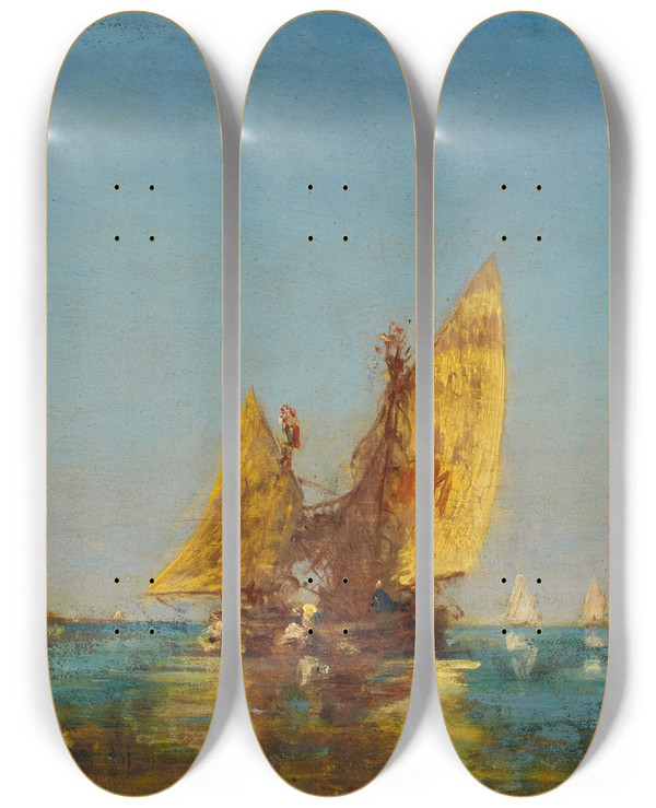 Triptych art skateboard deck of Flix Ziem Bateaux by Felix Ziem (1821-1911)