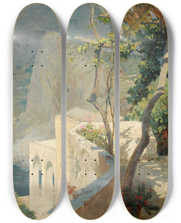 Triptych art skateboard deck of Othmar Brioschi Capri by Othmar Brioschi (1854-1912)