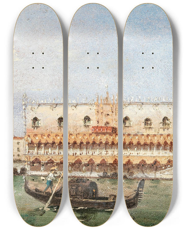 Triptych art skateboard deck of Marco Grubas Gondolas Infront Of The Ca Doro by Marco Grubas (1839-1910)