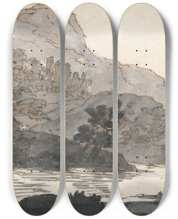 Triptych art skateboard deck of Alexander Cozens River And Mountain With Ruins by Alexander Cozens (1717-1786)
