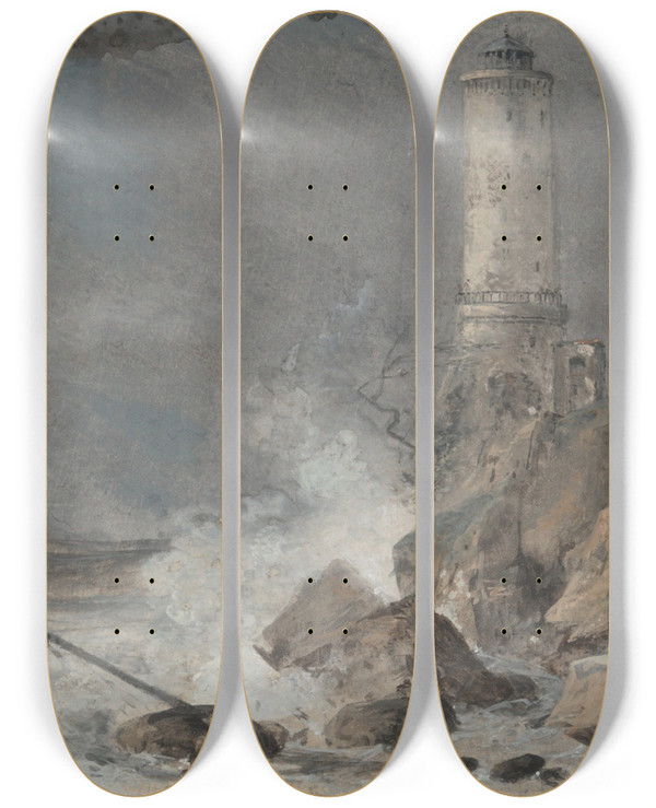Triptych art skateboard deck of Louis Gabriel Moreau The Lighthouse Le Grandphare by Louis Gabriel Moreau (1740-1806)