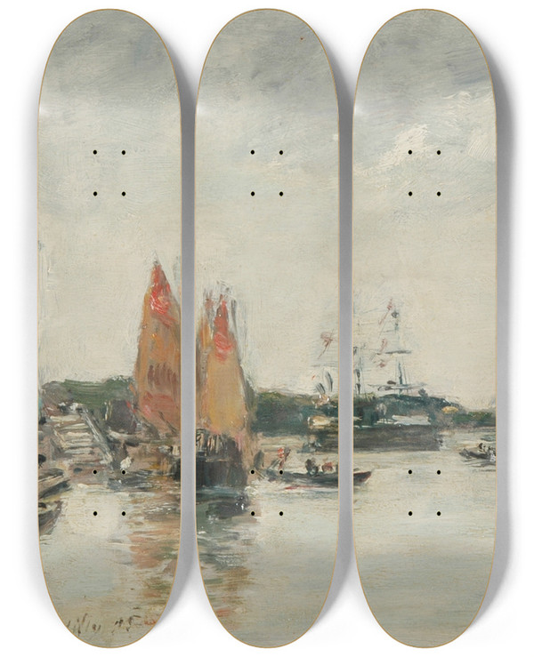 Triptych art skateboard deck of Eugne Boudin Venise Le Quai Et Lglise San Biagio by Eugene Boudin (1824-1898)