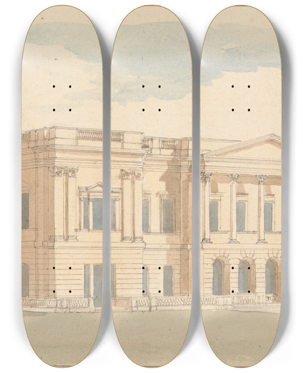 Triptych art skateboard deck of Benjamin Dean Wyatt York House London Perspective View Of The West Front by Benjamin Dean Wyatt (1775-1852)
