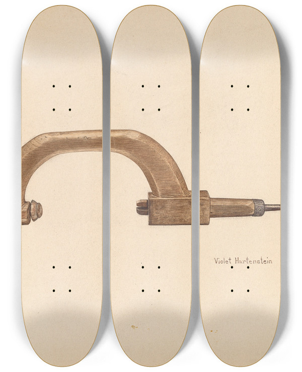 Triptych art skateboard deck of Violet Hartenstein Brace And Bit by Violet Hartenstein