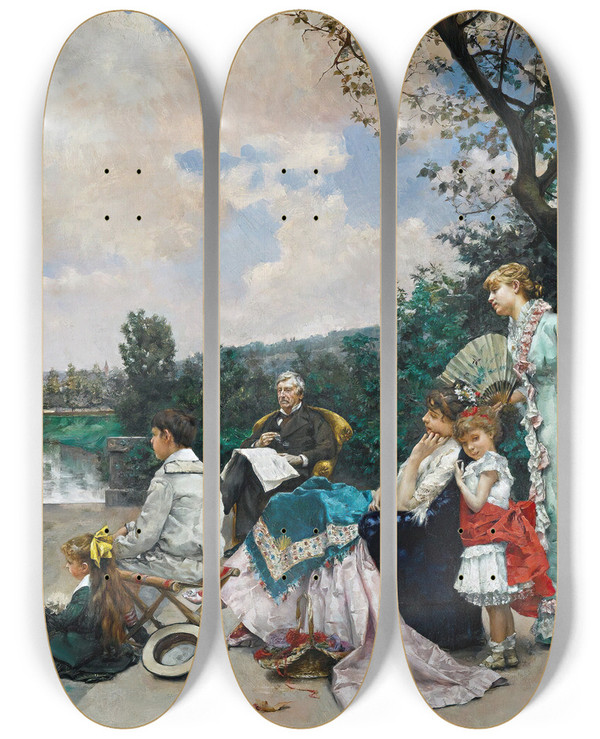Triptych art skateboard deck of Julius Leblanc Stewart The Mountebank by Julius Leblanc Stewart (1855-1919)