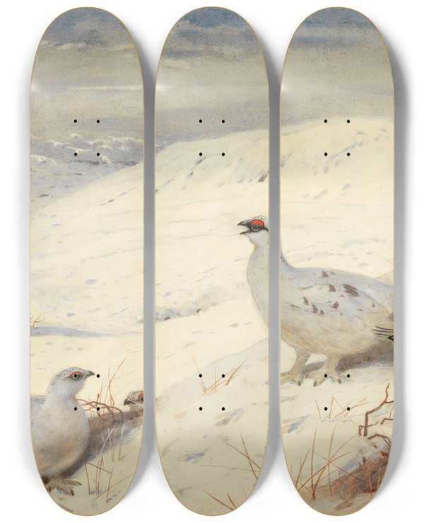 Triptych art skateboard deck of Archibald Thorburn Ptarmigan In Winter Plumage Signed And Dated Archibald Thorburn 1899 by Archibald Thorburn (1860-1935)