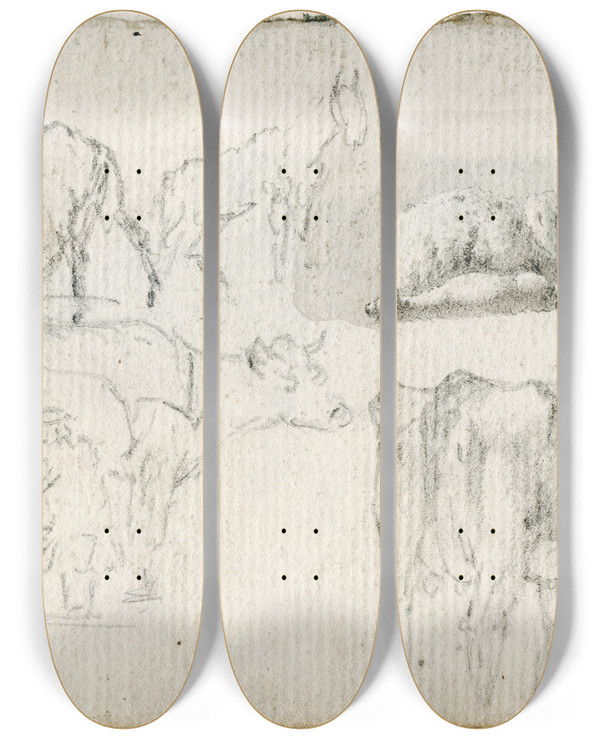 Triptych art skateboard deck of Barend Hendrik Thier Diverse Dieren by Barend Hendrik Thier (1751-1814)