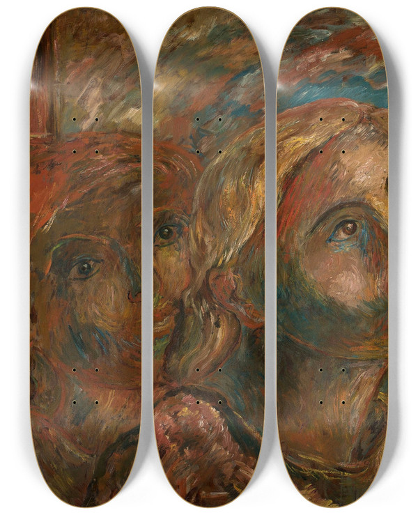 Triptych art skateboard deck of Tadeusz Makowski Children And Roosters by Tadeusz Makowski (1882-1932)