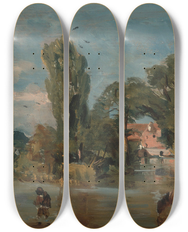 Triptych art skateboard deck of John Constable Flatford Mill_1 by John Constable (1776-1837)