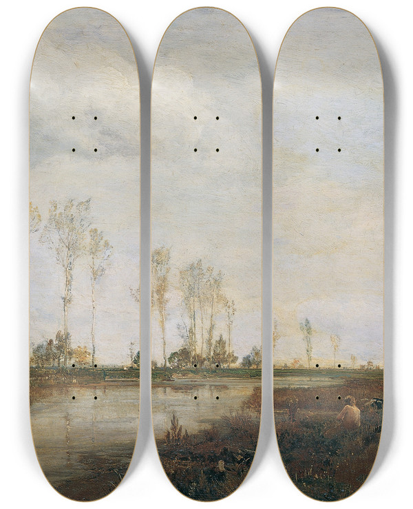 Triptych art skateboard deck of Emil Jakob Schindler An Der Thaya Bei Lundenburg I by Emil Jakob Schindler (1842-1892)