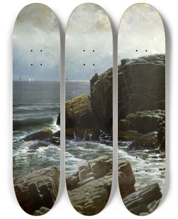 Triptych art skateboard deck of Alfred Thompson Bricher Castle Rock Marblehead by Alfred Thompson Bricher (1837-1908)