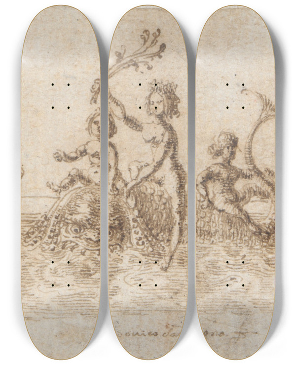 Triptych art skateboard deck of Ludovico Sardagna Mermaids by Ludovico Sardagna (17-)