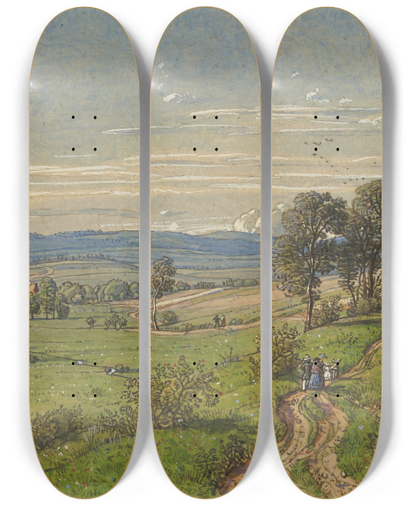 Triptych art skateboard deck of Peter Becker Ansicht Von Unterliederbach by Peter Becker (1828-1904)