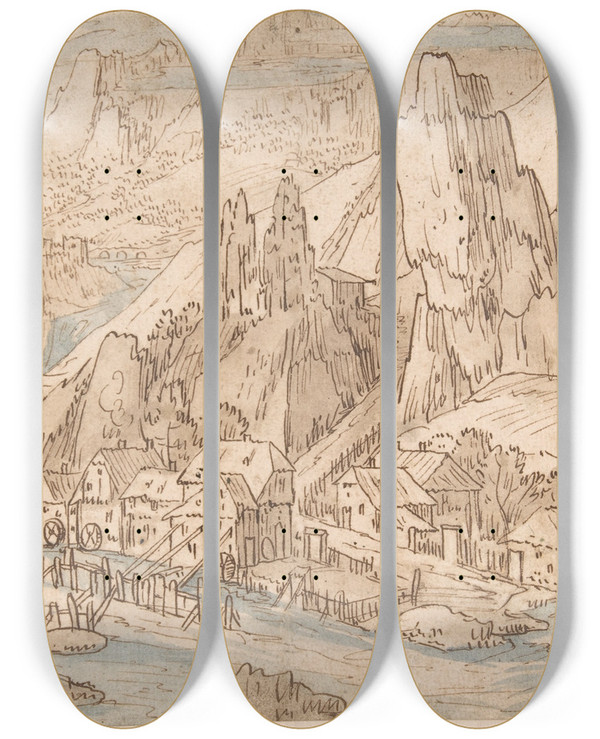 Triptych art skateboard deck of Tobias Verhaecht Mountainous Landscape by Tobias Verhaecht (1561-1631)