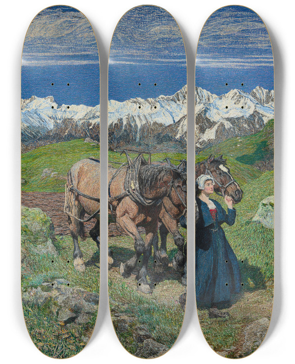 Triptych art skateboard deck of Giovanni Segantini Spring In The Alps by Giovanni Segantini (1858-1899)