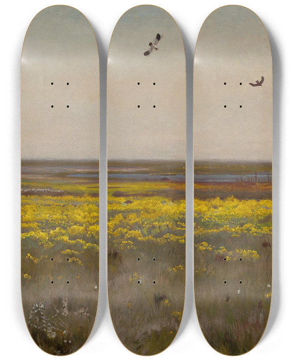Triptych art skateboard deck of Jozef Chelmonski Cowslips by Jozef Chelmonski (1849-1914)